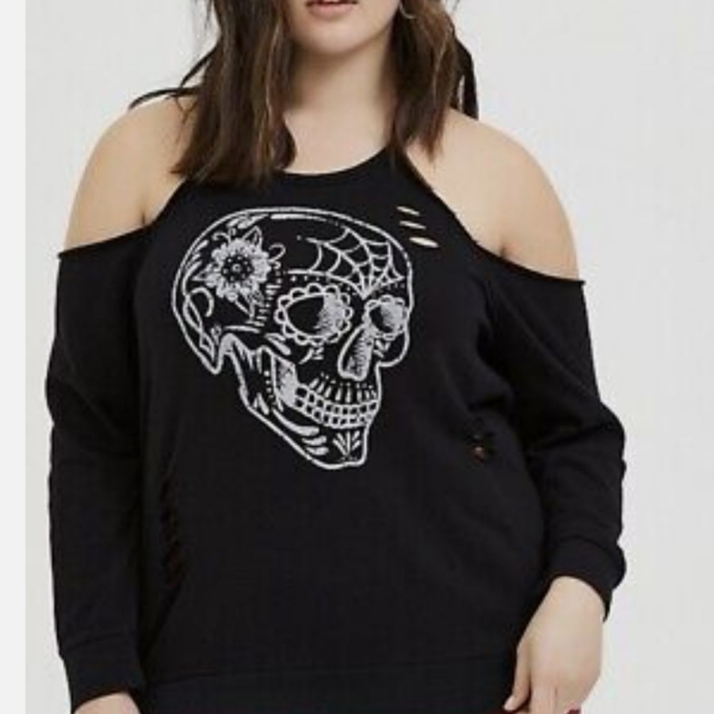 Torrid black skull distructed off the shoulder sweater